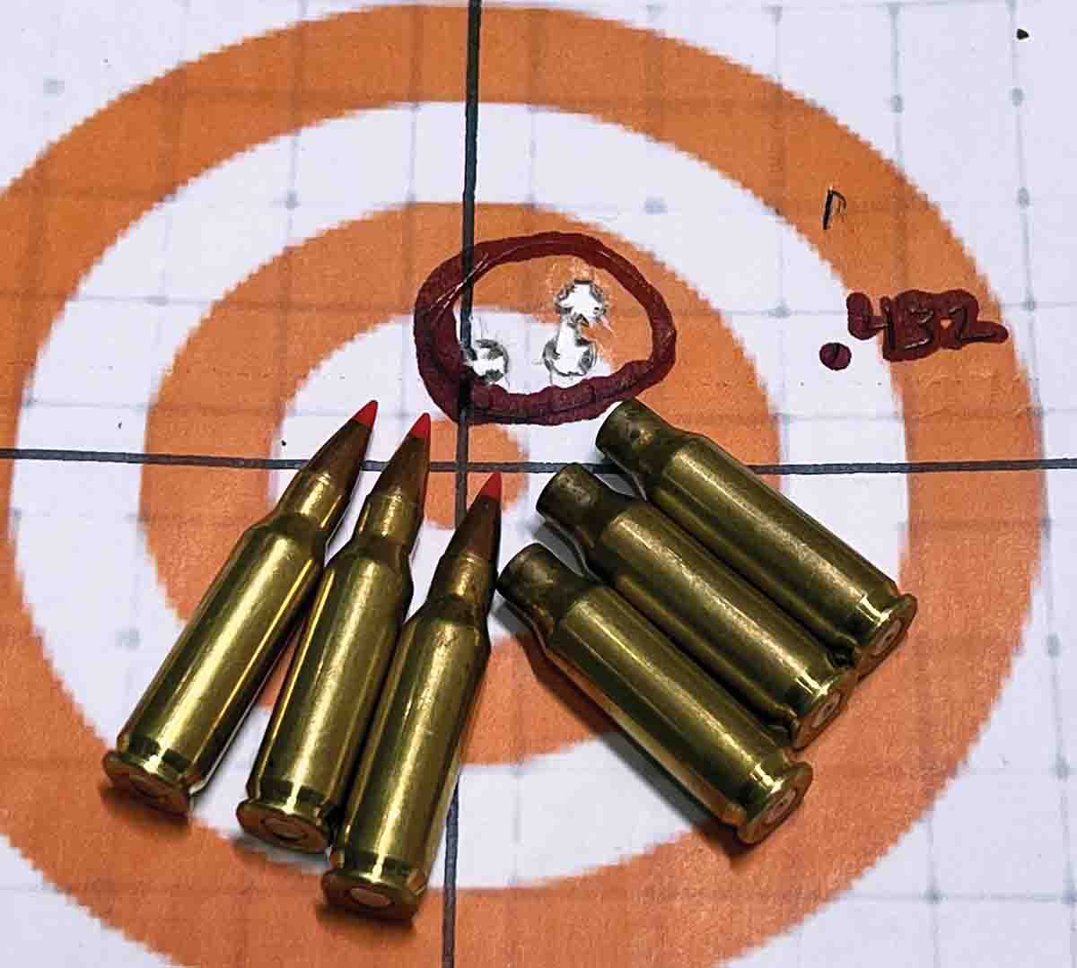 A target of the best group shot with Hornady V-MAX 40-grain bullet using Alliant Reloder 7 and CCI Small Rifle No. 400 primers. It produced a .432-inch group and an average of 3,067 fps.